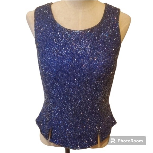 Beaded blue sleeveless sparkle top vintage - Picture 1 of 12
